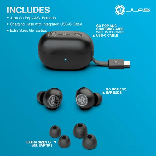 Vista 7 de JLab Go Pop ANC Auriculares inalámbricos verdaderos & Estuche de carga, Negro, Cancelación activa de ruido, Controladores de 10mm, Conexión dual