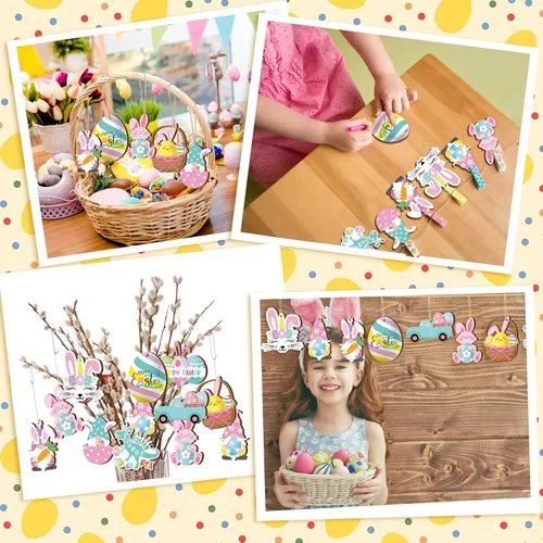 Vista 5 de Chunful 30 adornos de Pascua para árbol, feliz Pascua, adornos colgantes de madera, huevos de primavera pastel, zanahoria, conejo, cesta de árbol