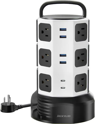 Vista 17 de Regleta de alimentación con protector de sobretensión de torre, JACKYLED 16 tomas 6 USB (2 USB C) estación de carga, cable de extensión con Negro