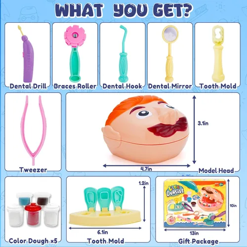 Vista 6 de Crelloci Juego de masa de color para dentista, kit de herramientas dentales con taladro y relleno, juguetes de juego de rol médico DIY para niños