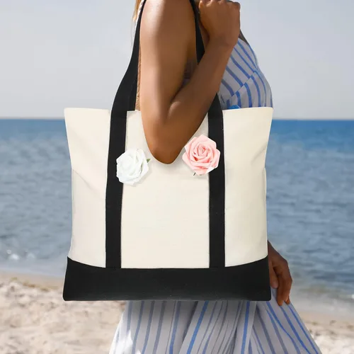 Vista 3 de Sherr Bolsa de lona a granel con bolsillo exterior, 21 pulgadas, bolsas de playa grandes de algodón con cremallera, bolsas de compras lavables