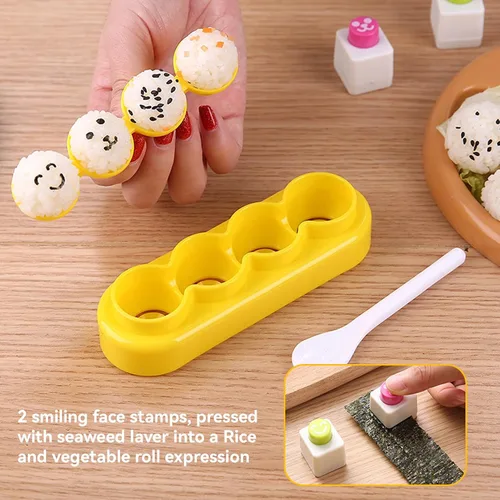 Vista 2 de Agatige Moldes de bolas de arroz, mini máquina portátil para hacer bolas de arroz, moldes de sushi con cuchara y cara sonriente, algas marinas Nori
