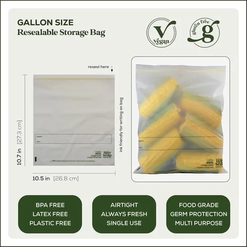 Vista 2 de Bolsas de almacenamiento de alimentos 100% compostables, tamaño de 1 galón, paquete de 25 unidades, bolsas resellables con cierre extra resistentes