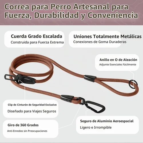 Vista 3 de Correa para perro de cuerda de PawsPassion de 6 pies, correa para perro resistente de 2 en 1 con hebilla de cinturón de seguridad, libre de enredos