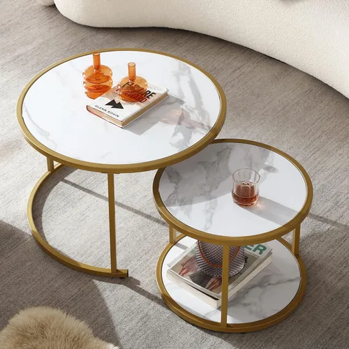 Vista 10 de Juego de 2 mesas auxiliares anidables, mesas auxiliares apilables rústicas, modernas mesas redondas de madera con patrón de mármol para sala