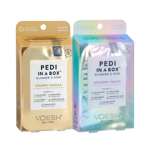 Vista 6 de VOESH Pedi in a Box Glimmer - Paquete de 2, vainilla dorada, Pedi en una caja, kit de pedicura de spa, pedicura brillante, Pedi de bricolaje