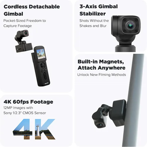 Vista 2 de Feiyu Pocket 3 Cámara cardán desmontable inalámbrica de 3 ejes con zoom - 1/2.3 pulgadas CMOS, 130 ° FOV, 4K 60 FPS, seguimiento AI, estabilizador