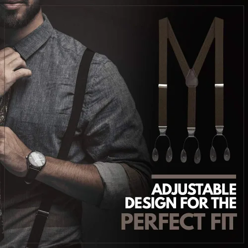 Vista 6 de Hold'Em 1 de rayas elegantes y tirantes sólidos para hombre, extremo de botón ajustable de cuero con parte trasera en Y