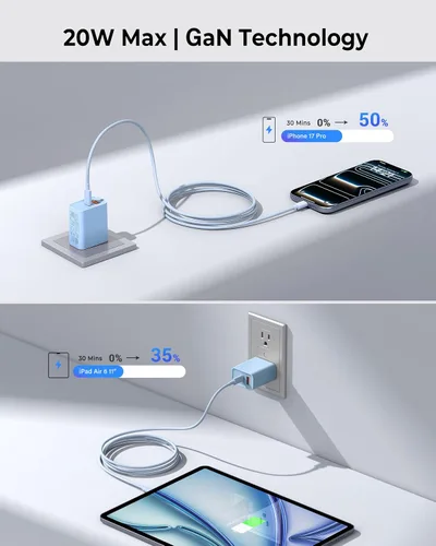 Vista 3 de Paquete de 3 cargadores de pared USB C, adaptador de corriente QC+PD 3.0 de doble puerto de 20 W, bloque de carga de doble enchufe rápido para Azul