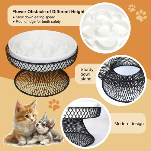 Vista 3 de 2 piezas de comederos elevados de cerámica para gatos con alimentación lenta con soporte, comedero lento para gatos para comida húmeda y seca