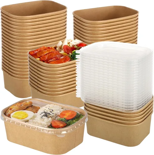 Vista 8 de Paquete de 50 cuencos desechables de papel kraft de 17 onzas con tapas, recipientes rectangulares de preparación de comidas a granel, ensaladera