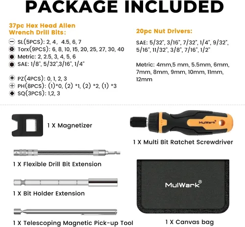 Vista 2 de MulWark Juego de 63 puntas de destornillador magnético de trinquete – Destornillador multibit con puntas de destornillador ranuradas, Torx