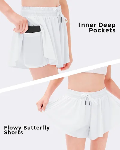 Vista 4 de Stelle Pantalones cortos fluidos con bolsillos para niñas, falda atlética para correr, cintura alta, mariposa, 2 en 1, pantalones cortos deportivos