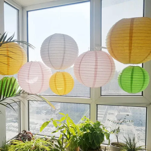 Vista 5 de Linternas de papel de estilo chino, juego de 5, adecuadas para decoración de fiestas (azul claro, 12 pulgadas)