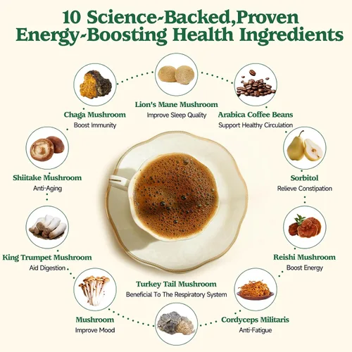 Vista 3 de Café de hongos 10 en 1 con arábica orgánica, melena de león, chaga, reishi y cordyceps, mezcla de hongos de 2000 mg, enfoque, energía y apoyo