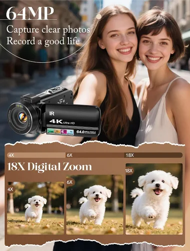 Vista 3 de ZYDIIE Videocámara 4K UHD 64MP Vlogging Cámara para YouTube 18x Zoom digital 3 pulgadas, rotación de 270°, pantalla táctil IPS videocámara