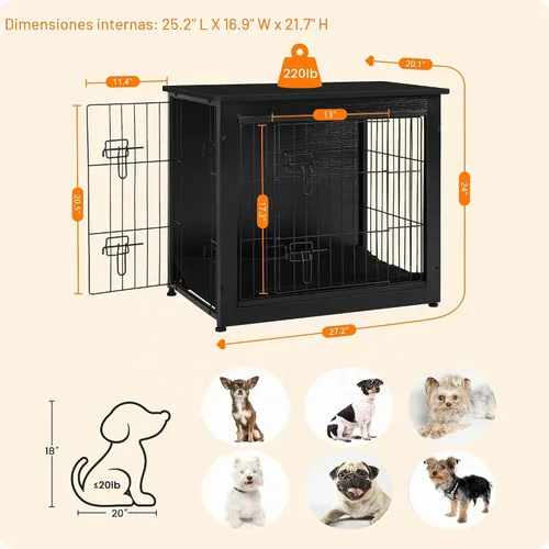 Vista 3 de DWANTON - Perrera con cojín, de madera, con puertas dobles, para interiores, S, M, L, 27.2 pulgadas de largo, negro Small Wooden Kennel Table