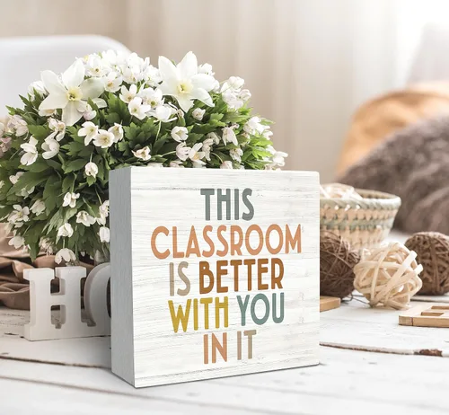 Vista 2 de SRADMO Decoración bohemia para aula, con texto en inglés «This Classroom is Better with You in It» Affirmation, caja de madera con texto en inglés