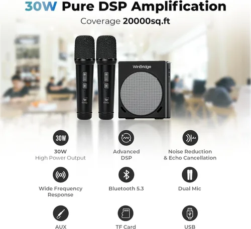 Vista 2 de WinBridge S90 - Micrófono portátil y sistema de micrófono Bluetooth con altavoz, amplificador de voz de 30 W, sistema PA con 2 micrófonos