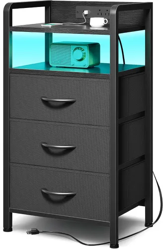 Vista 15 de Lazzanto Mesita de noche para dormitorio, mesita de noche con estación de carga y tira de luz LED, mesita de noche con estante de almacenamiento y 2