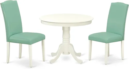 Vista 21 de East West Furniture ANEN3-LWH-06 - Juego de mesa de cocina de 3 piezas contiene una mesa de comedor redonda con pedestal y 2 sillas de comedor