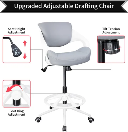 Vista 4 de Silla de dibujo ergonómica, silla de escritorio de computadora de pie, anillo de pie, soporte lumbar, silla giratoria para tareas - gris