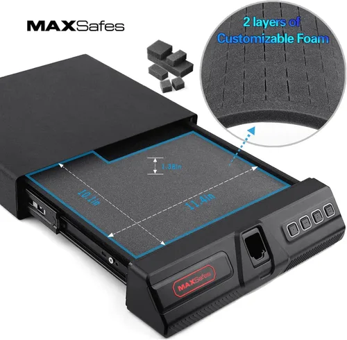 Vista 4 de MAXSafes Caja fuerte deslizante para pistola con bloqueo biométrico de vena de dedo, acceso rápido, caja fuerte para debajo del escritorio, caja