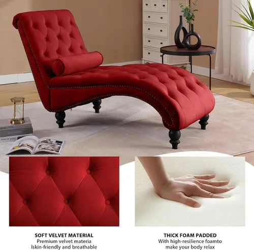 Vista 6 de Moderna tumbona de terciopelo para interiores con ribete de cabeza de clavo, sillón sin brazos con botones para interior con almohada lumbar y 4