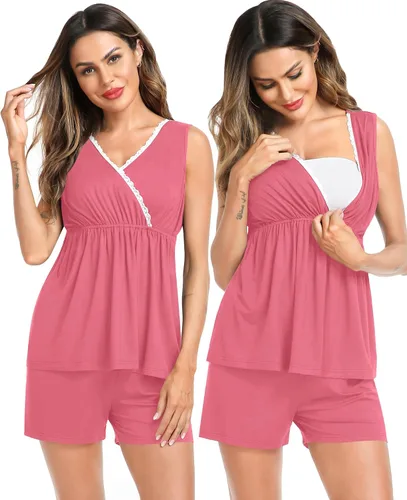 Vista 2 de SWOMOG Conjunto de pijama de maternidad para mujer con bata de 3 piezas, ropa de dormir sin mangas y pantalones cortos para embarazo