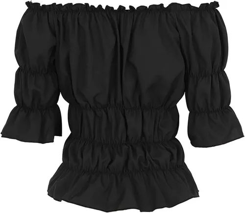 Vista 3 de Blusa renacentista para mujer, estilo victoriano, steampunk, pirata, hombros descubiertos, manga corta, blusa fruncida