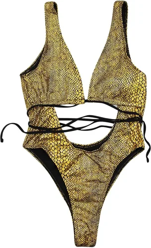 Vista 4 de JUMISEE Traje de baño de piel de serpiente holográfica para mujer, traje de baño sexy con tirantes delgados y espalda descubierta