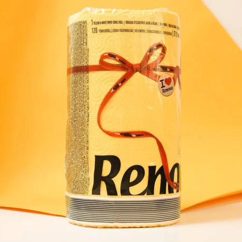 Vista 4 de Renova - Juego de rollos de toallas de papel, 2 rollos, 2 capas, 120 hojas altamente absorbentes, eleva tu imagen con estilo profesional y Amarillo