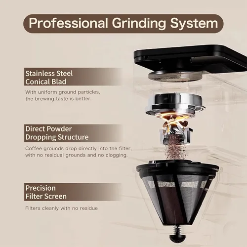 Vista 4 de Cafetera con molinillo programable para café caliente y frío con jarra de vidrio de 22 onzas, ajustable, totalmente automática, máquina de café