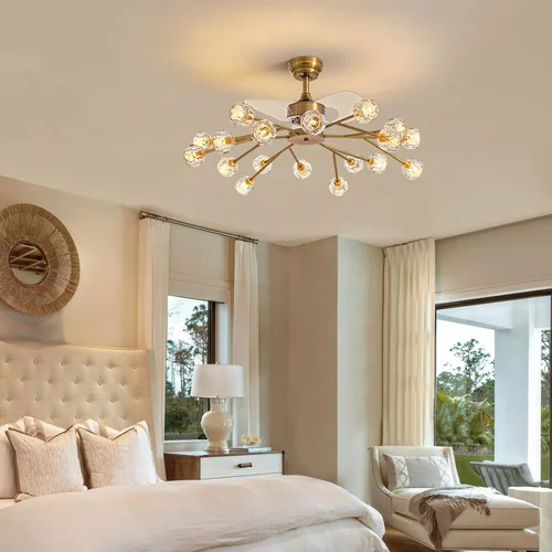 Vista 7 de Siljoy - Ventilador de techo de cristal moderno con 18 luces y control remoto, candelabro de cristal estilo Sputnik en latón dorado estilo granja