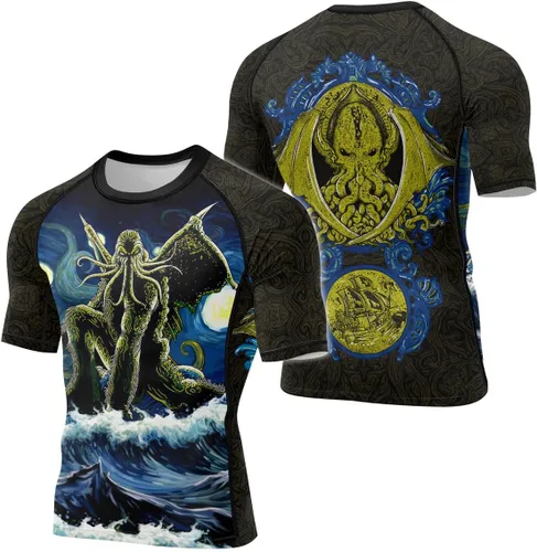 Vista 2 de Cthulhu - Camisa de compresión para hombre, manga corta, capa base, protección contra erupciones, adecuada para BJJ MMA Grappling V1