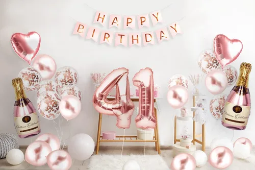 Vista 3 de Decoraciones de fiesta de cumpleaños número 41 para ella, suministros de oro rosa, juego grande con pancarta de cumpleaños y globos de 41 dígitos