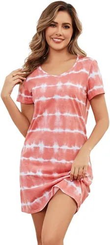 Vista 3 de Inadays Camisón de algodón para mujer, ropa de dormir de manga corta, camisón casual con estampado, pijama holgado y cómodo