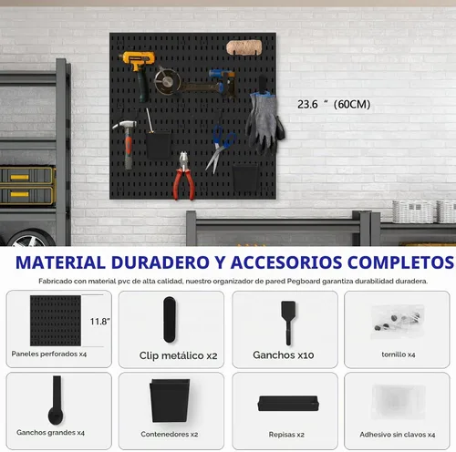 Vista 4 de Kit de Combinación de Tablero Perforado, Organizador de Pared Modular Blanco de Tablero Perforado con 4 Tableros Perforados y Accesorios Colgantes