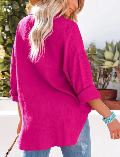 Vista 4 de Esmeling Blusa casual de gran tamaño con botones para mujer, manga larga, cuello de solapa, ajuste holgado