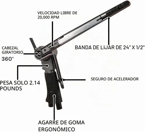 Vista 3 de JET Mini lijadora neumática de banda de 1/2" x 24", 20000 RPM (modelo JAT-752)