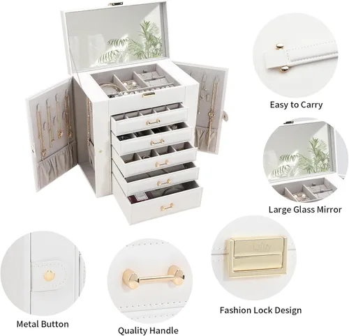 Vista 2 de V-LAFUY Joyero grande para mujer, organizador y almacenamiento de joyas, caja de joyería grande con espejo, color blanco