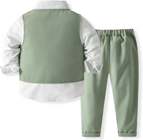Vista 2 de Conjunto de ropa de algodón de manga larga con corbatín + chaleco + pantalones para niños