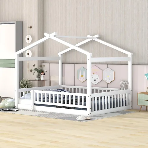 Vista 10 de MERITLINE Cama individual Montessori para niños, marco de cama individual Montessori con rieles y techo, no necesita somier, para niños, Gris