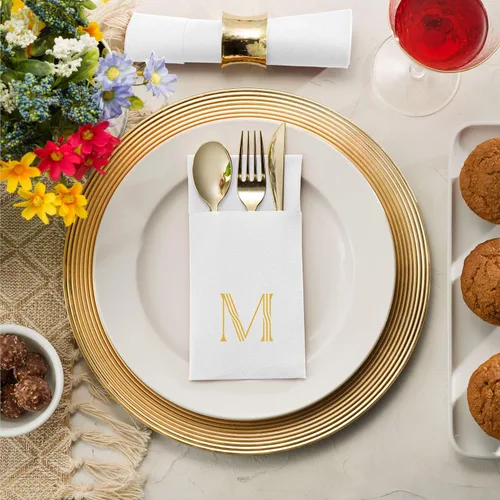 Vista 7 de Paquete de 50 servilletas con monograma con bolsillo para cubiertos, servilletas desechables de 16 x 16 pulgadas con letra M de papel de aluminio