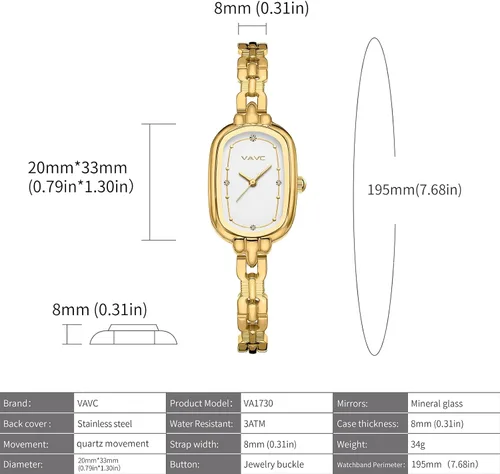 Vista 4 de Reloj de pulsera de oro vintage para mujer, pequeño reloj de cuarzo analógico ovalado con esfera de diamantes de lujo, resistente al agua.
