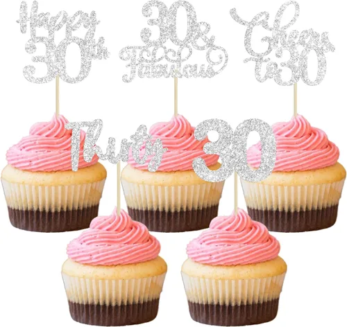 Vista 30 de Paquete de 30 adornos para cupcakes con purpurina de doble dígito para cumpleaños de 10 años, para cumpleaños, aniversario, fiesta, suministros