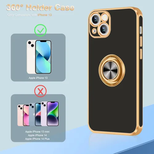 Vista 2 de Fingic - Funda para iPhone 13, soporte giratorio de 360°, soporte magnético Shiny Plating Gold Edge Slim Soft TPU Shockproof Protective Phone Case