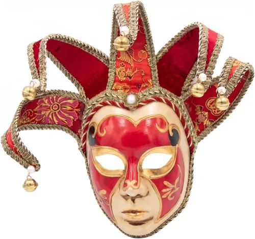 Vista 8 de Máscara de bufón, máscara veneciana de cara completa, máscaras para hombre con patrones dorados y campanas, color rojo Negro