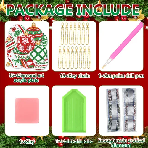 Vista 5 de Yuxung 15 piezas de llavero de diamante de Navidad 5D DIY Kit de arte de diamantes de Navidad decoración colgante adorno de doble cara arte