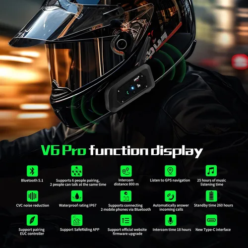 Vista 2 de EJEAS Casco de motocicleta Bluetooth V6 Pro, 2 vías 1200M sistema de comunicación de intercomunicación de motocicleta para esquí/ATV/Dirt